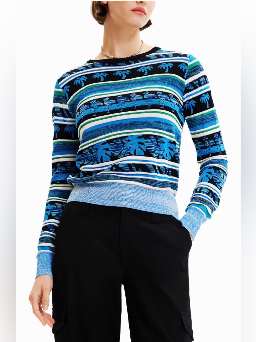 Desigual Tropical Border Pullover Knit  in Blue size S